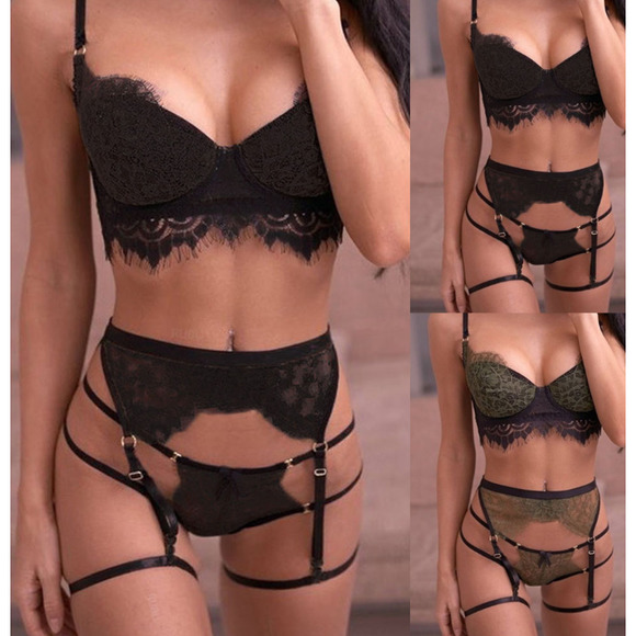 Lace Lingerie 3 pc Sexy Boudoir Garter Teddy Set - Picture 3 of 16